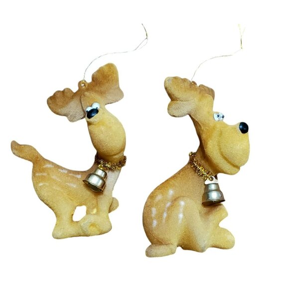 2 Vintage Flocked Moose Christmas Ornaments Reindeer Google Eyes Gold Bell 4.5" - Picture 2 of 16
